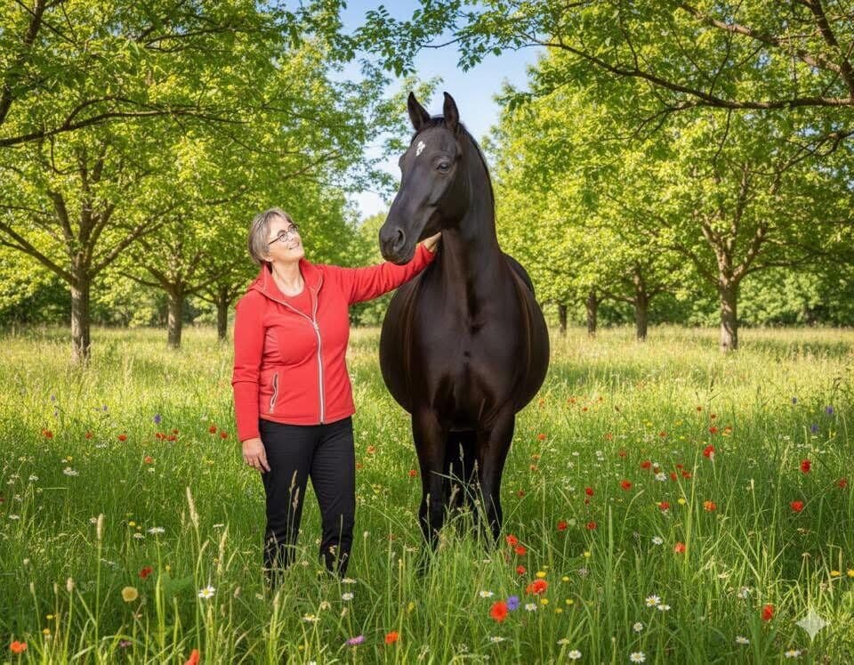 Mieke loopt met een paard door de wei