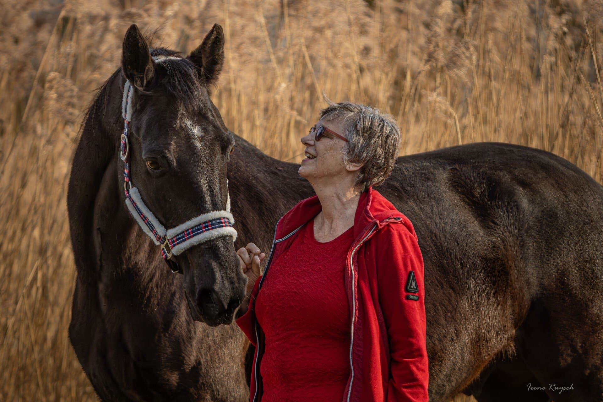 Mieke kijkt lachend omhoog naar haar donkere paard, tussen het hoge riet